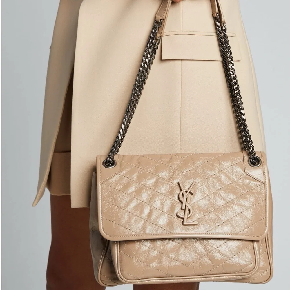 YSL Saint Laurent NIKI Medium Chain Flap Bag Matelasse Neutral Leather Handbag - Picture 2 of 16
